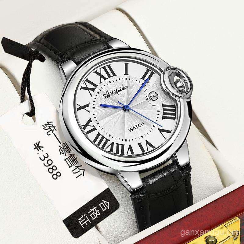 Relógio mecânico totalmente automático clássico e popular para homens, com pulseira de couro, mostrador azul, design oco