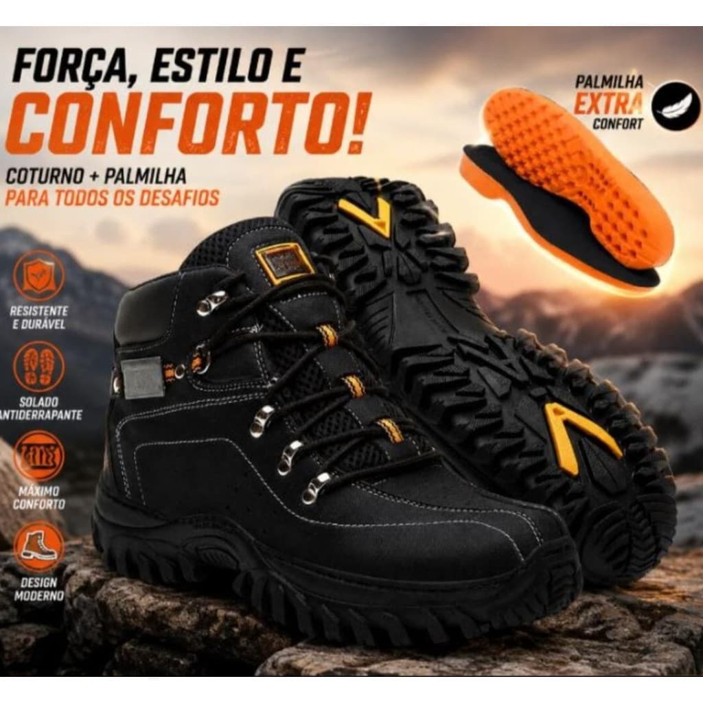 Bota Masculina BYCassim  Casual Macia Palmilha Anatomica De Trilha Adventure de Couro Costurado Reforçado Impermeavel