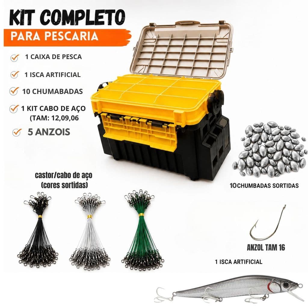 Kit Caixa Multiuso Pesca Maruri Castor Cabo De Aço Isca Chumbada Anzol