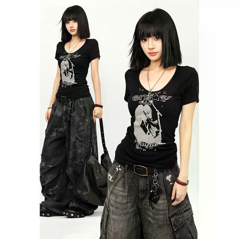 Americano Retro quente menina de manga curta ombro camiseta feminina verão impresso Design fino mais magro olhar todos @