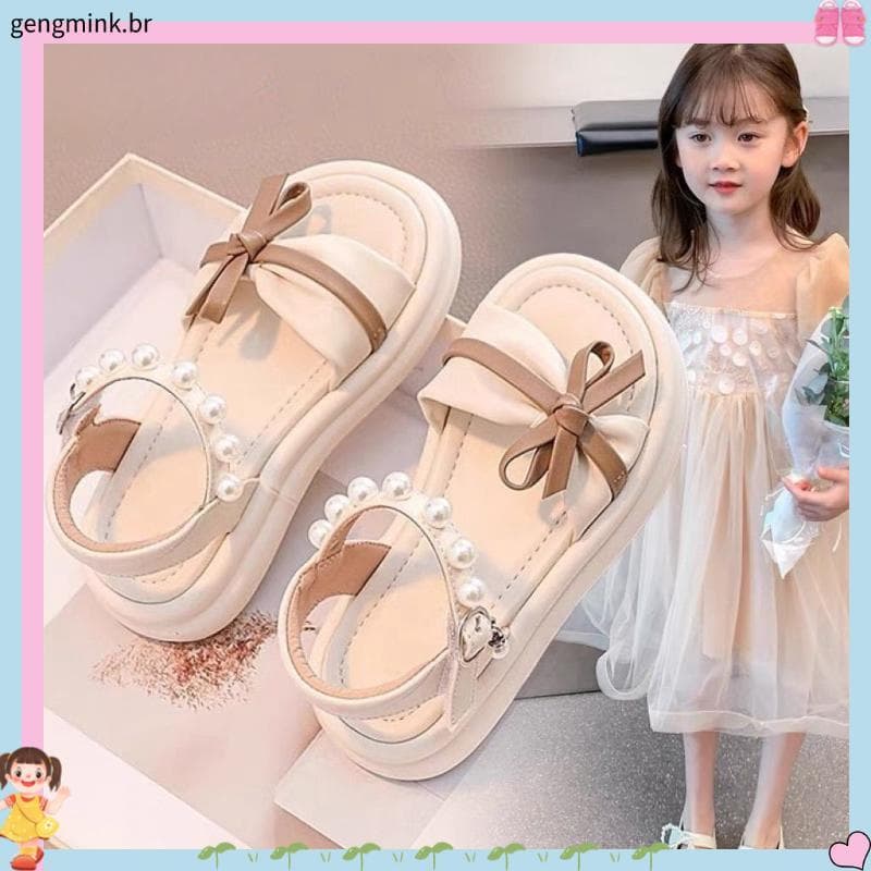 Meninas sandálias sapatos de princesa 2026 verão novo estilo moda arco pérola sapatos de praia crianças confortáveis sap
