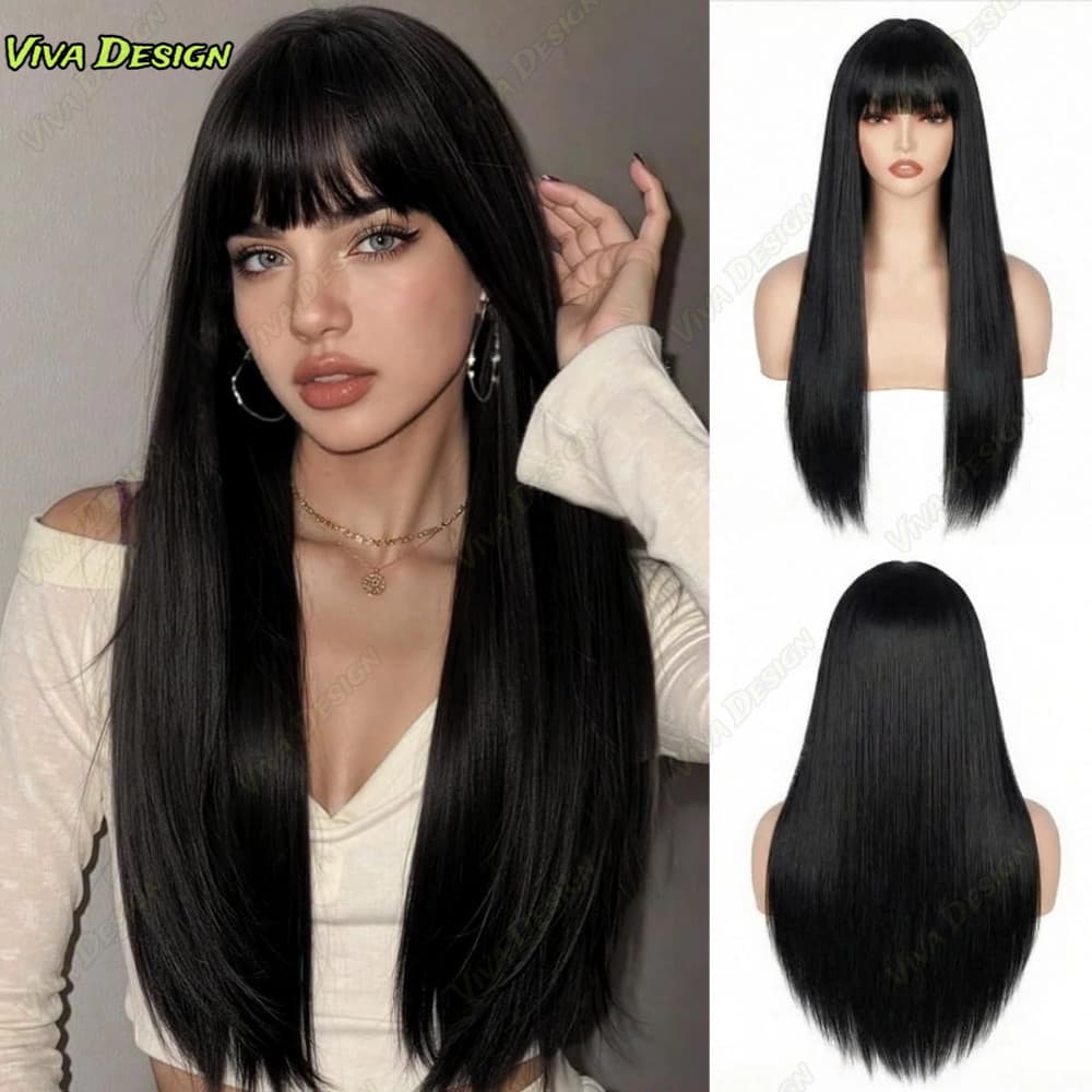 Peruca de 70cm franja leve para senhoras, cabelo liso e comprido faixa de cabeça sintética de seda resistente ao calorVI