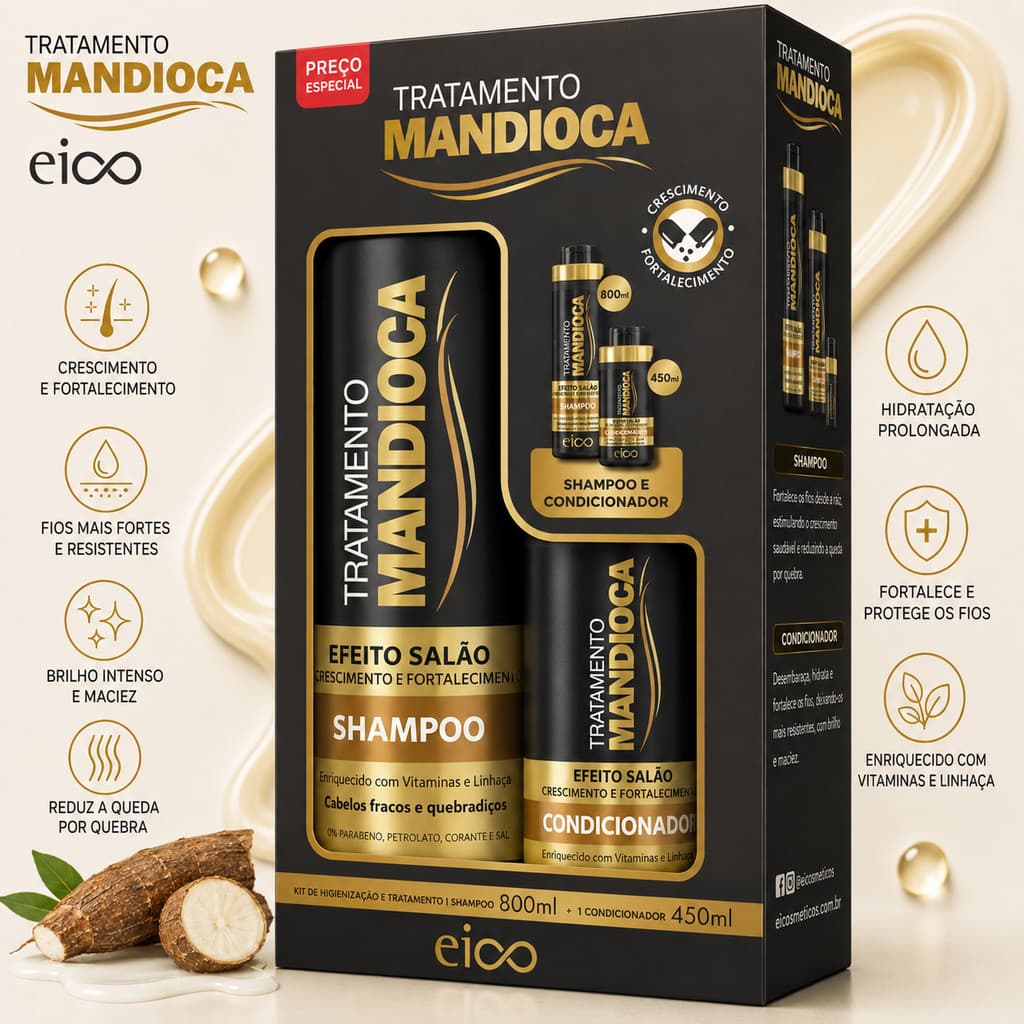 Shampoo e Condicionador EICO KIT Mandioca 1250ml Nutrição Capilar KIT Shampoo Condicionador Crescimento Capilar Eico