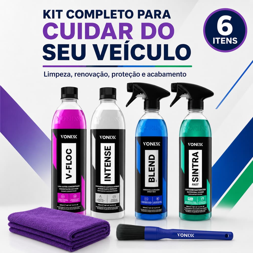 Kit Lavagem e Detalhamento Vonixx Completo 6 Itens V-Floc Sintra Intense Blend Spray Wax Carro Moto