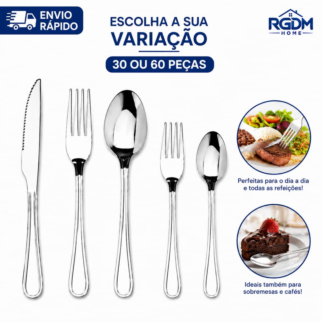 Jogo Talheres Inox Premium 30 ou 60 Peças Garfo Faca Colher Garfo e Colher de Sobremesa