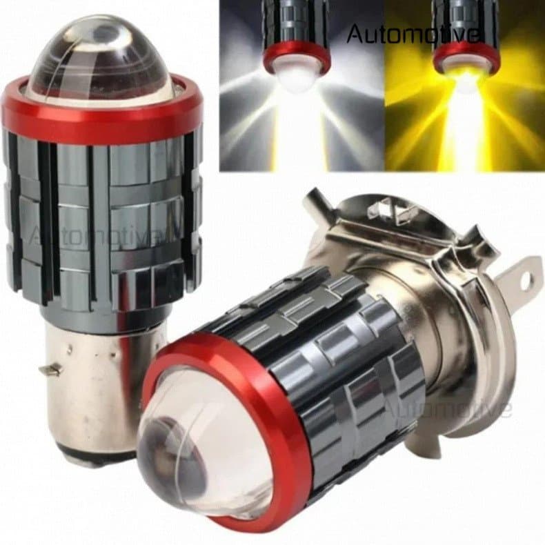 Farol LED para Motocicleta H4/H6, Lâmpadas Brancas e Amarelas, Lente de Luz Alta e Baixa, Farol de Carro Elétrico com Ga
