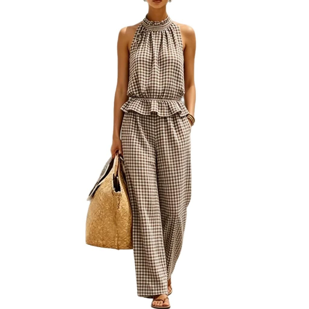 Verão europeu americano moda roupas femininas em torno do pescoço sem mangas topo calças retas Casual terno feminino