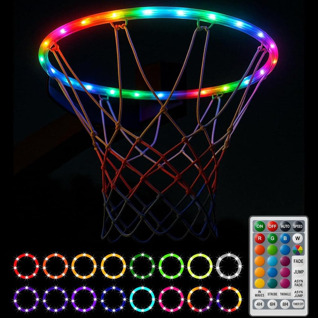 Luzes para Cesta de Basquete – 17 Cores, 7 Modos de Iluminação, Controle Remoto, Fita LED de 1,5m, À Prova d'Água, Tempo