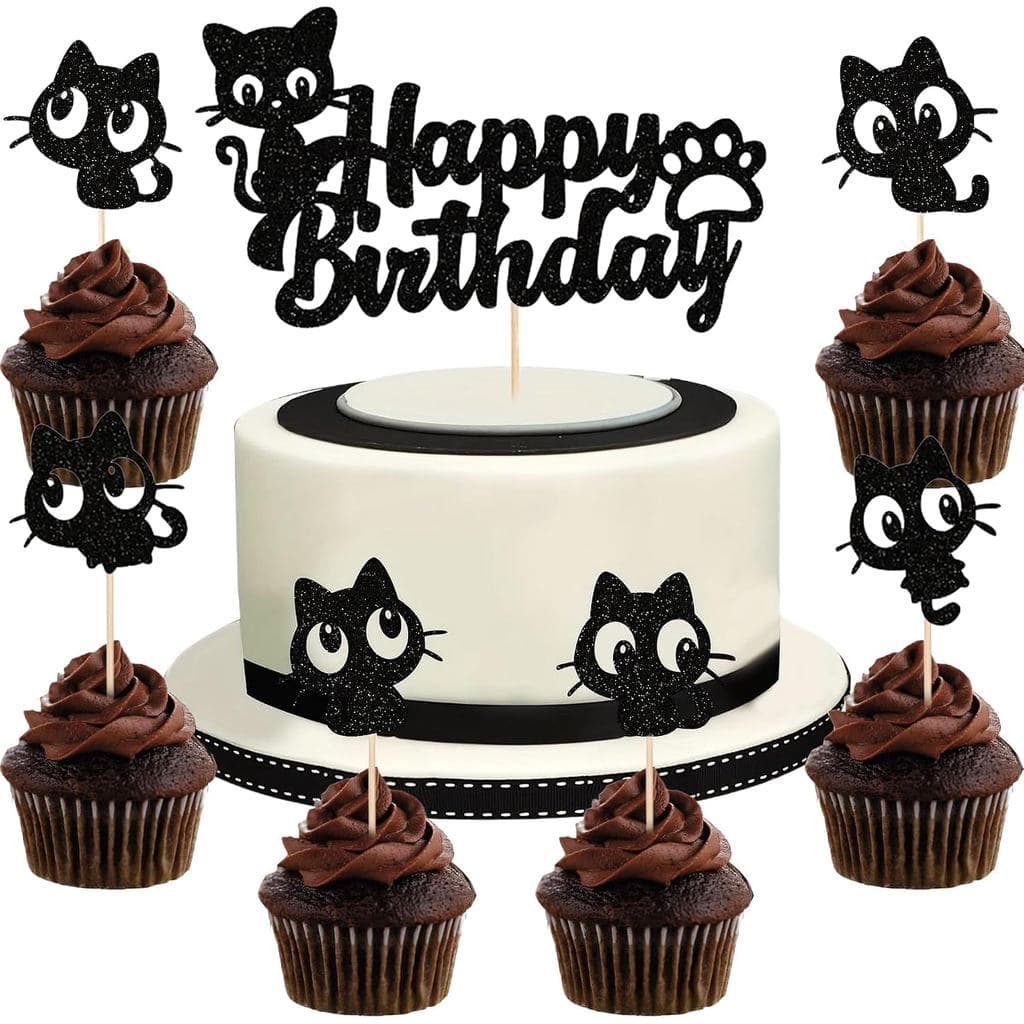 7Pcs Cat Happy Birthday Cake Topper – Black Glitter Kitten Cupcake Decoration for Cat Lovers, Baby Shower, Kids Birthday