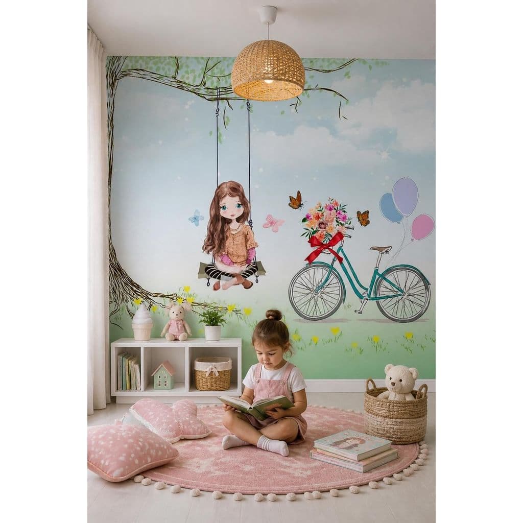 Papel de Parede Infantil Menina Bicicleta Balanço Florido