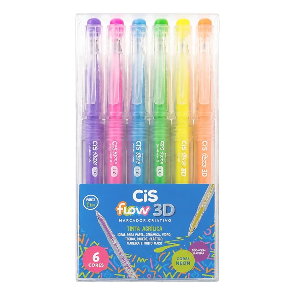 Marcador Artístico CIS Flow 3D Tinta Acrílica Estojo com 6