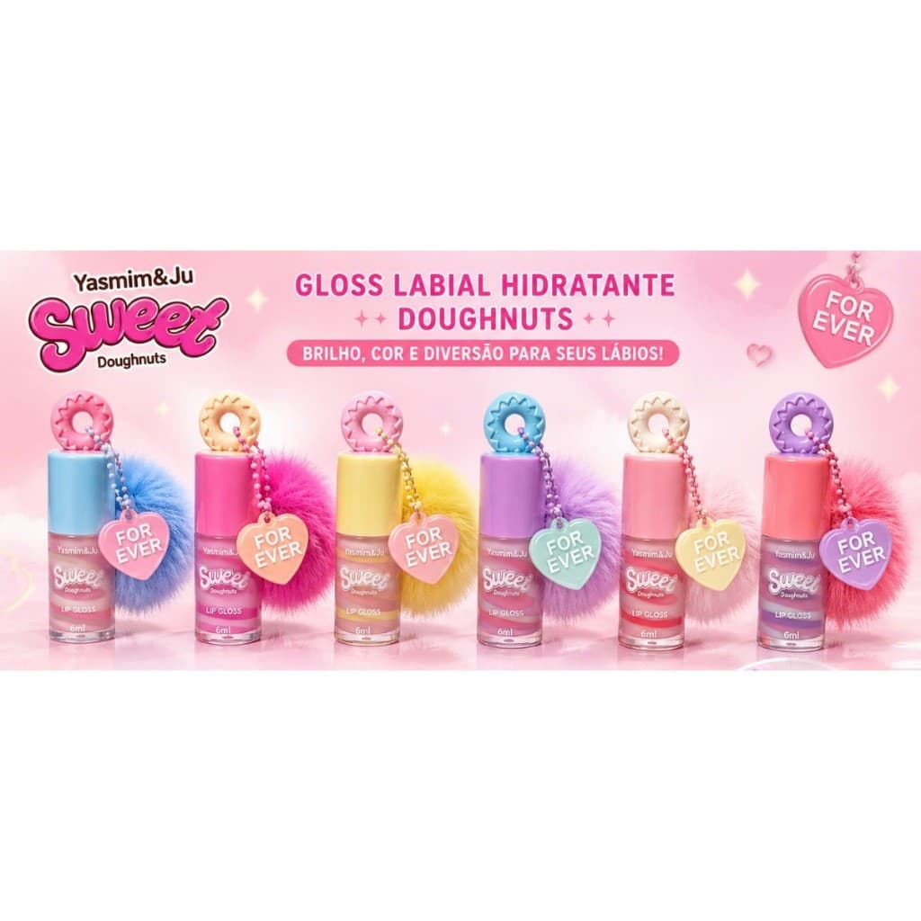 Gloss Labial Hidratante Sweet Doughnuts Yasmim&Ju 6 Cores Brilho Labial com Chaveiro de Pelúcia Efeito Gloss Novo