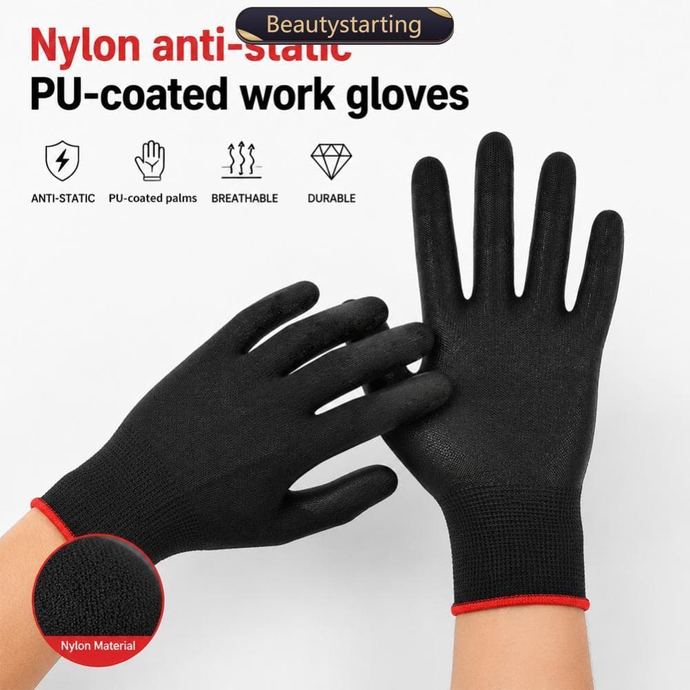 BEAUTYSTARTING 12 Pares De Nylon Antiestático Preto PU Luvas De Proteção Revestidas De Palma Trabalho Respiráveis Antide