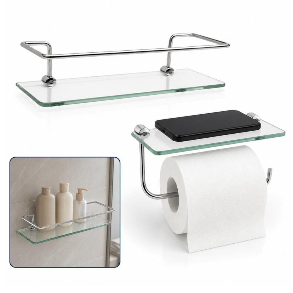 Kit Porta Shampoo Reto Veneza Prateleira Vidro 30cm + Papeleira com Porta Objetos Porta Celular