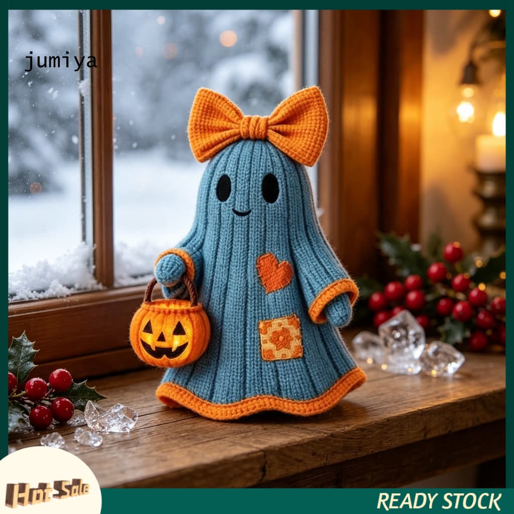 Halloween Ghost Decor Wooden Ornament Figurine Cute Crochet Texture Decoration with Bow and Pumpkin Bucket for Indoor Ho