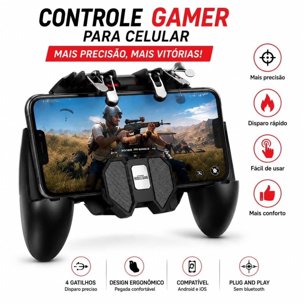 Controle Gamepad Para Celular Com Gatilhos L1 R1 Cooler Suporte Jogos Free Fire PUBG