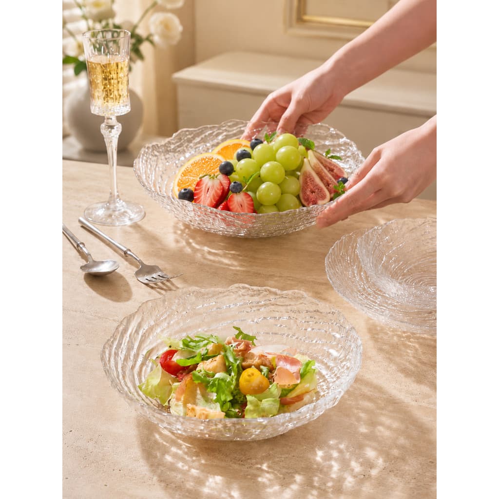 IMhouse Tigela de Salada de Vidro Simples Transparente Prato de Salada de Vegetais Padrão de Onda Moderno Simples Prato