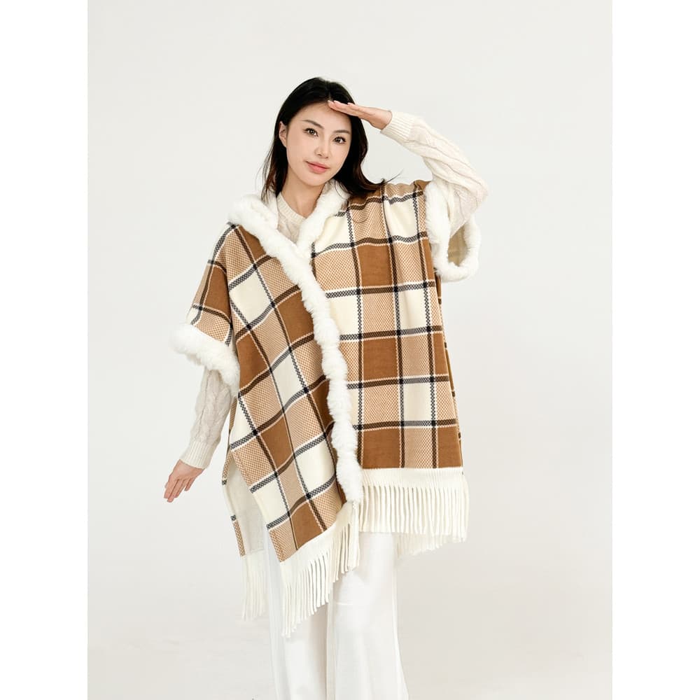 Capa com capuz de pele de coelho xadrez xale feminino inverno engrossado jaqueta xale com franjas