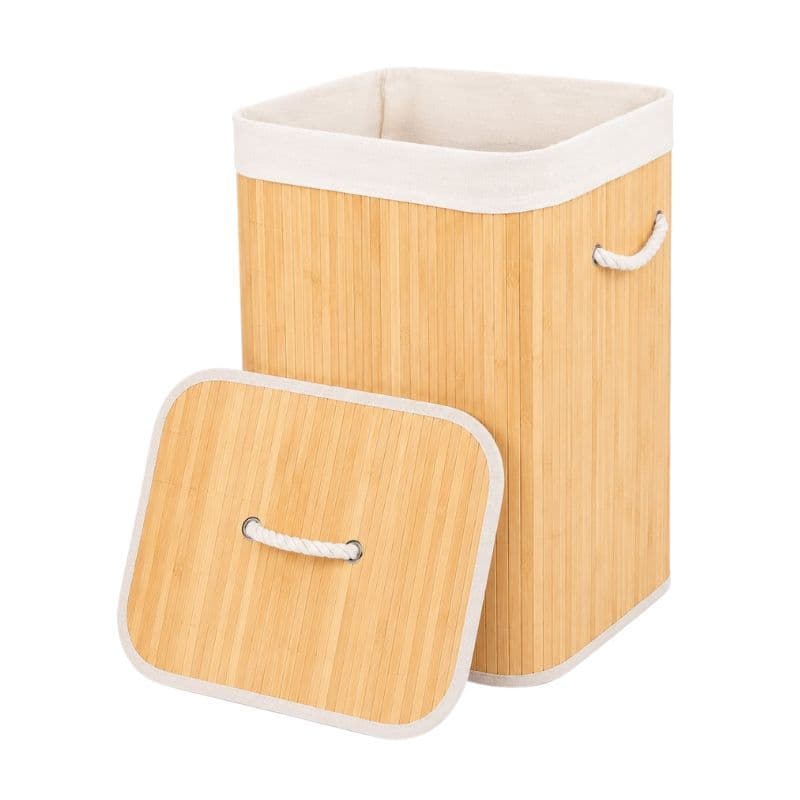 Cesto de Bambu 70 Litros Bege Forrado com Alças e Tampa