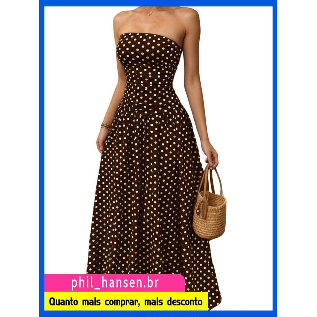 Vestido Feminino De Bolinhas Sem Alças Verão Smocked Tubo Top Casual Mangas Swing Maxi Vestidos Marrom S