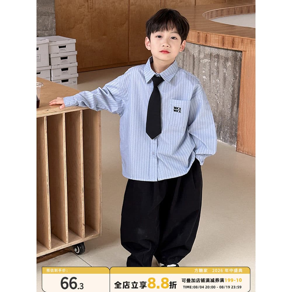 Crianças camisas de manga comprida meninos camisas listradas primavera outono estilo 2026 primavera novo estilo médio gr