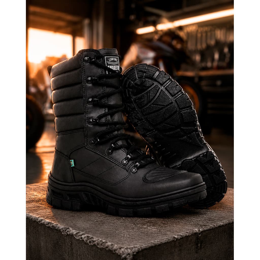Bota Motociclista Coturno Couro Ecológico Tática Masculina Seguração Couro Zíper Mamba Negra