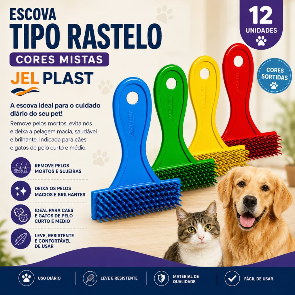 KIT 12 ESCOVA TIPO RASTELO CORES MISTAS JEL PLAST