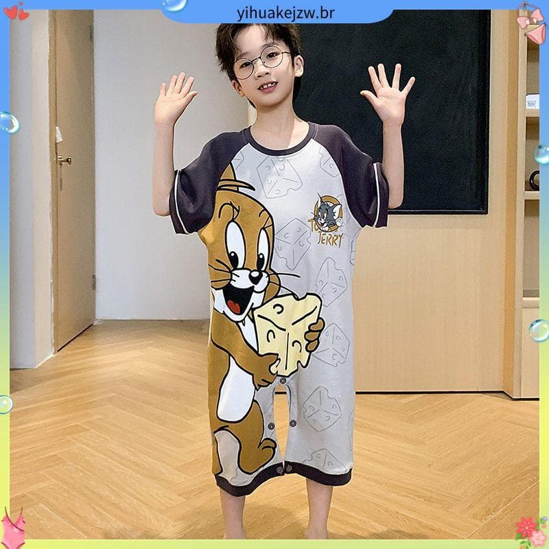 Macacão de algodão puro infantil meninos pijamas de manga curta verão estilo fino médio grande crianças dos desenhos ani