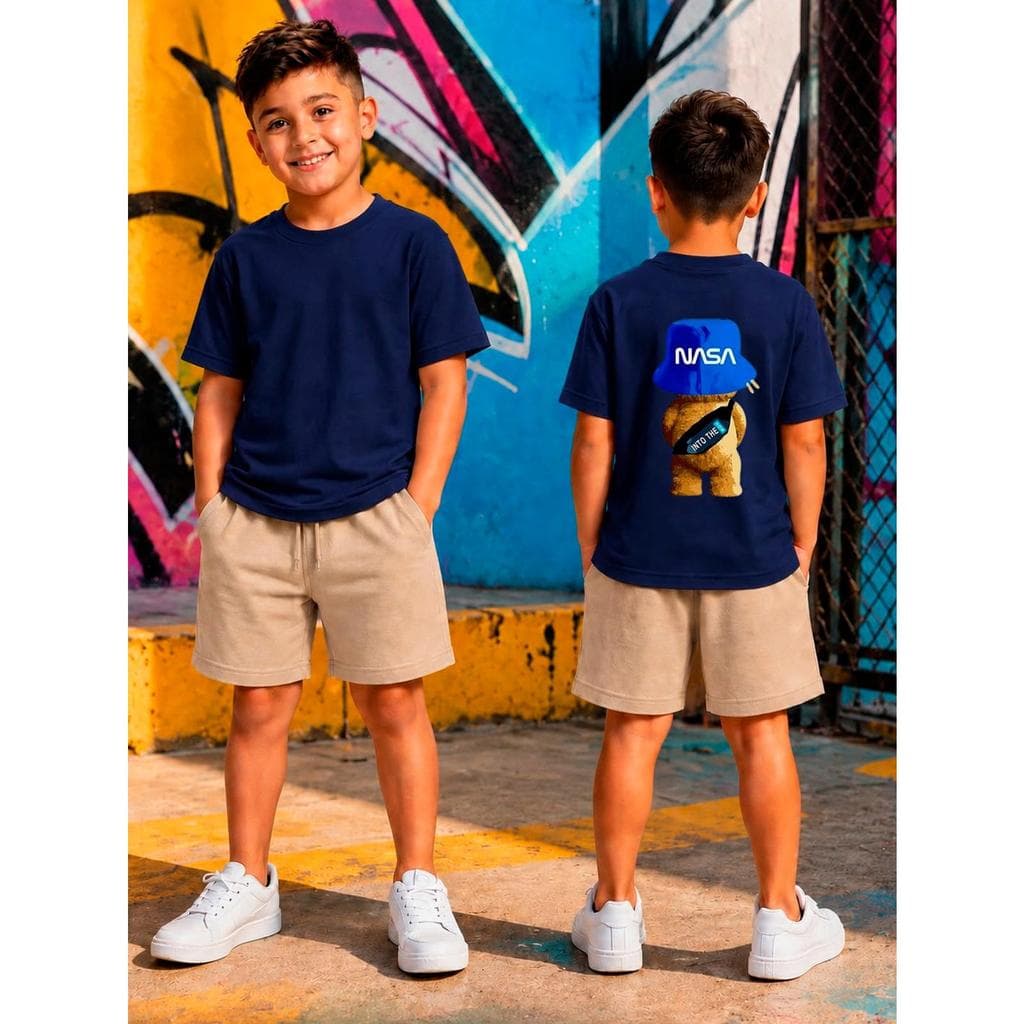 Conjunto Infantil Camiseta + Bermuda Safari FRENTE COSTA URSO NASA para Menino Estilo Casual e Confortável