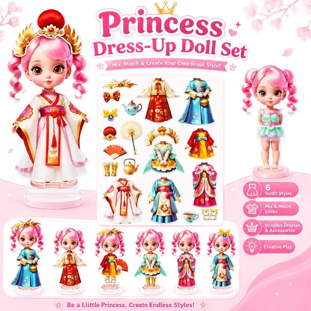 Conjunto De Bonecas De Papel Magnético 4 Em 1 Princesa (Série Hanfu) Para Meninas De 3 A 10 Anos , Brinquedos De Viagem