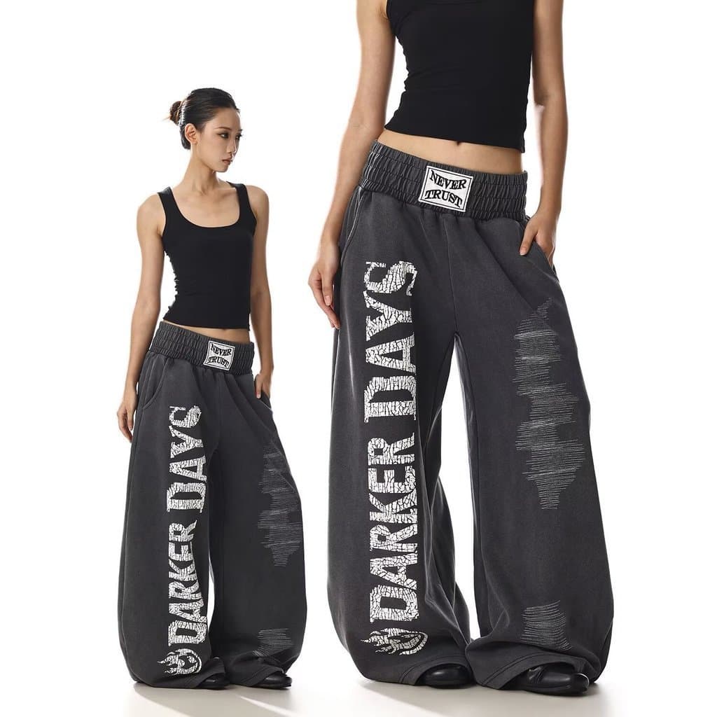 Americano Retro carta impressão angustiado cinza Sweatpants feminino 2026 início do outono dança de rua quente menina es