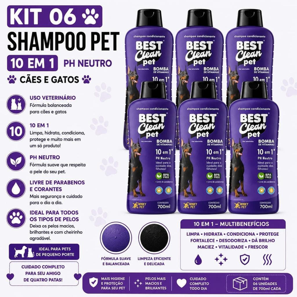 Kit 6 Shampoo Condicionante Pet Bomba de Vitaminas 10 em 1 700ml pH Neutro - sem parabenos e sem corantes