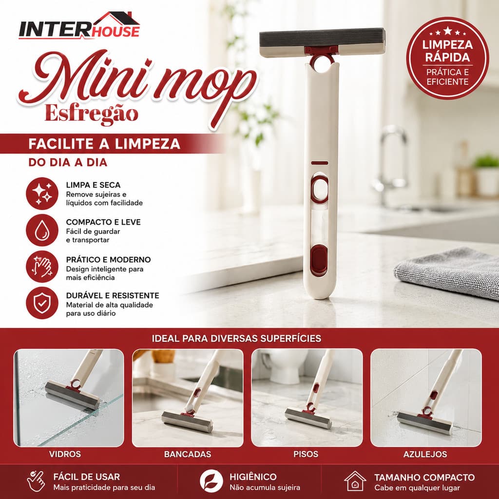 Mini Mop Esfregão Rodo Portátil Compacto Limpa Vidros Pia Bancada Azulejo Piso Limpeza Multiuso