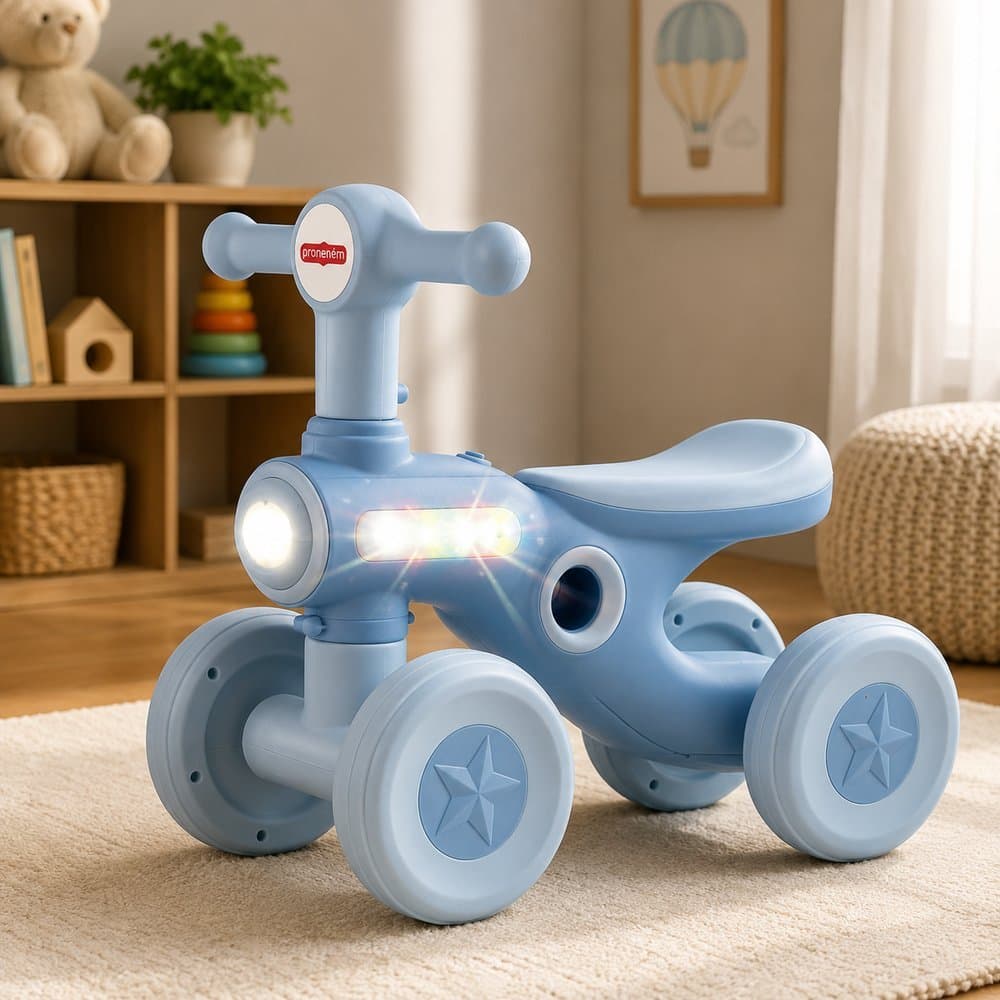 Bicicleta Infantil Equilíbrio 4 Rodas Azul Luzes e Música Importudo