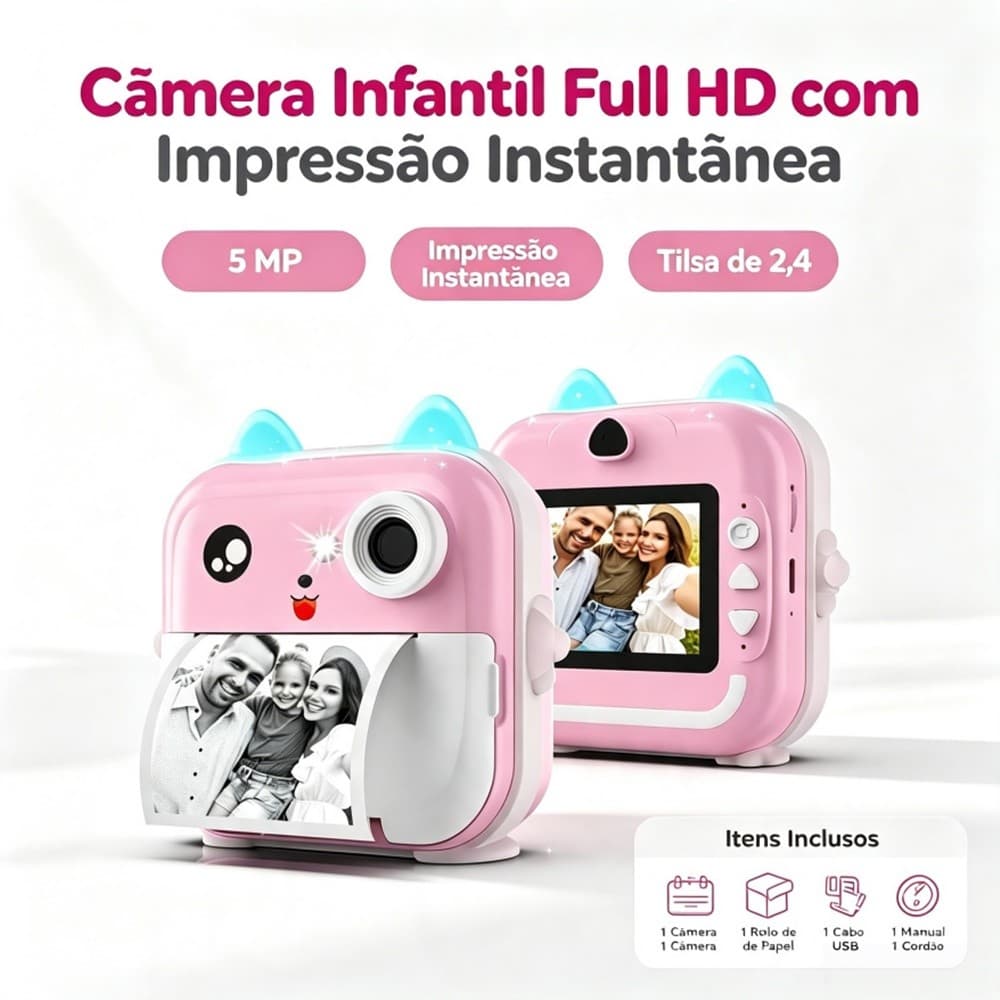 Cama Impressora Infantil Instantânea para Crianças, Câmera Digital com Vídeo e Impressora Térmica janoclick