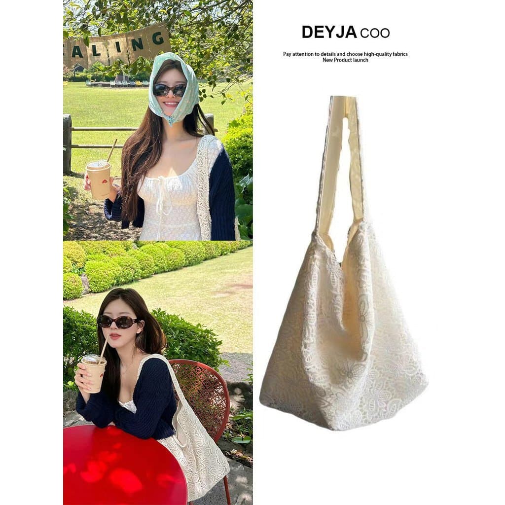Bolsa de ombro de Zhao Lusi, bolsa de praia de verão, bolsa de lona com renda, bolsa tote casual de grande capacidade em