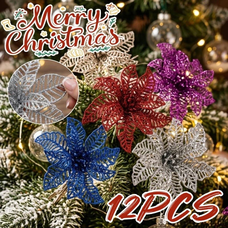 5/12 Unidades De Árvore De Natal Vestir Adereços De Flores Coloridas-Pó De Glitter Oco Decoração