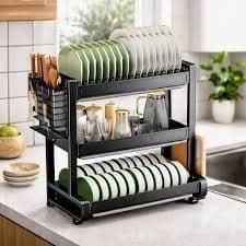 Escorredor Louças 3 Andares Metal Preto Porta Pratos Copos Talheres Bandeja Organizador Pia Bancada