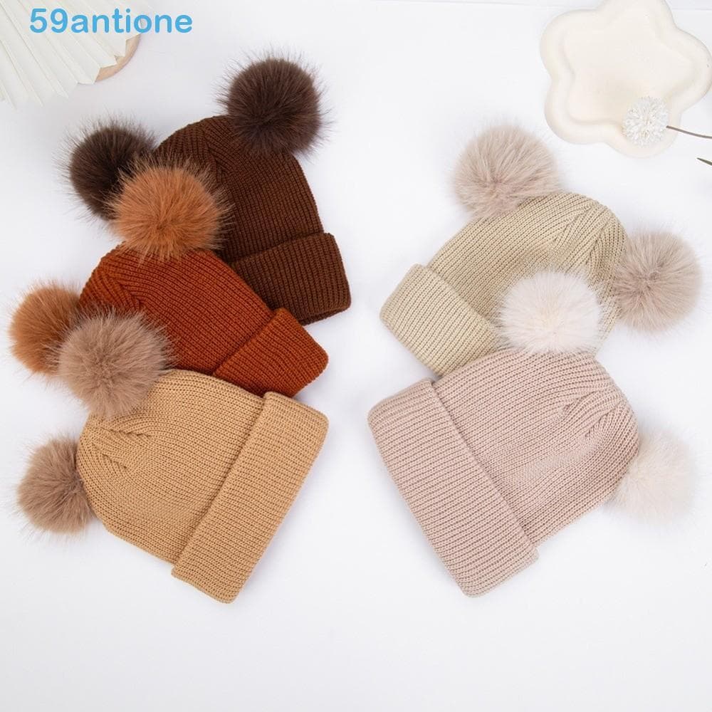 Chapéu De Malha Para Bebê , Gorro Infantil Com Bola De Pelúcia Quente , Estilo Pulôver De Cor Sólida À Prova De Vento ,