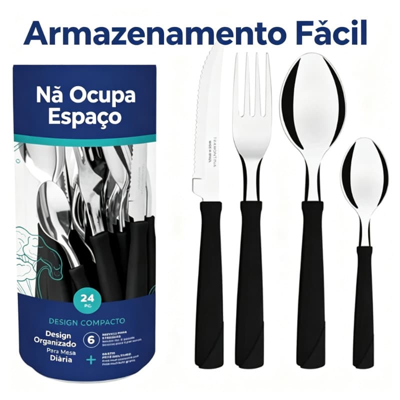 Jogo De Talheres Faqueiro Aço Inox 24 Peças, Fácil de Armazenar, Não Ocupa Espaço