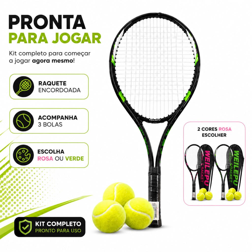 Kit Raquete De Tenis Adulto 68cm Com 3 Bolas + Capa Para Treino E Lazer Rosa Ou Verde
