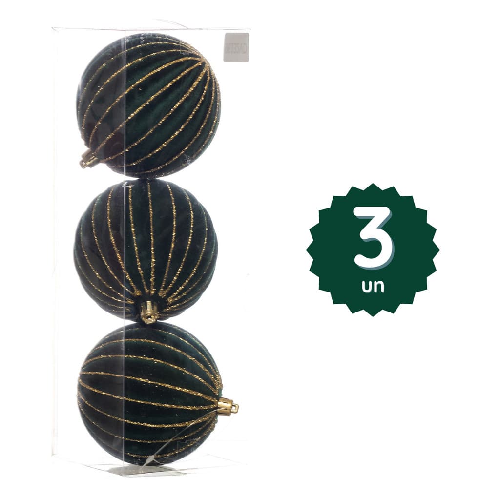 Kit 3 Bolas Natal Verdes Linhas Glitter Douradas 10cm Enfeite Árvore Aveludado Decoração Pendurar
