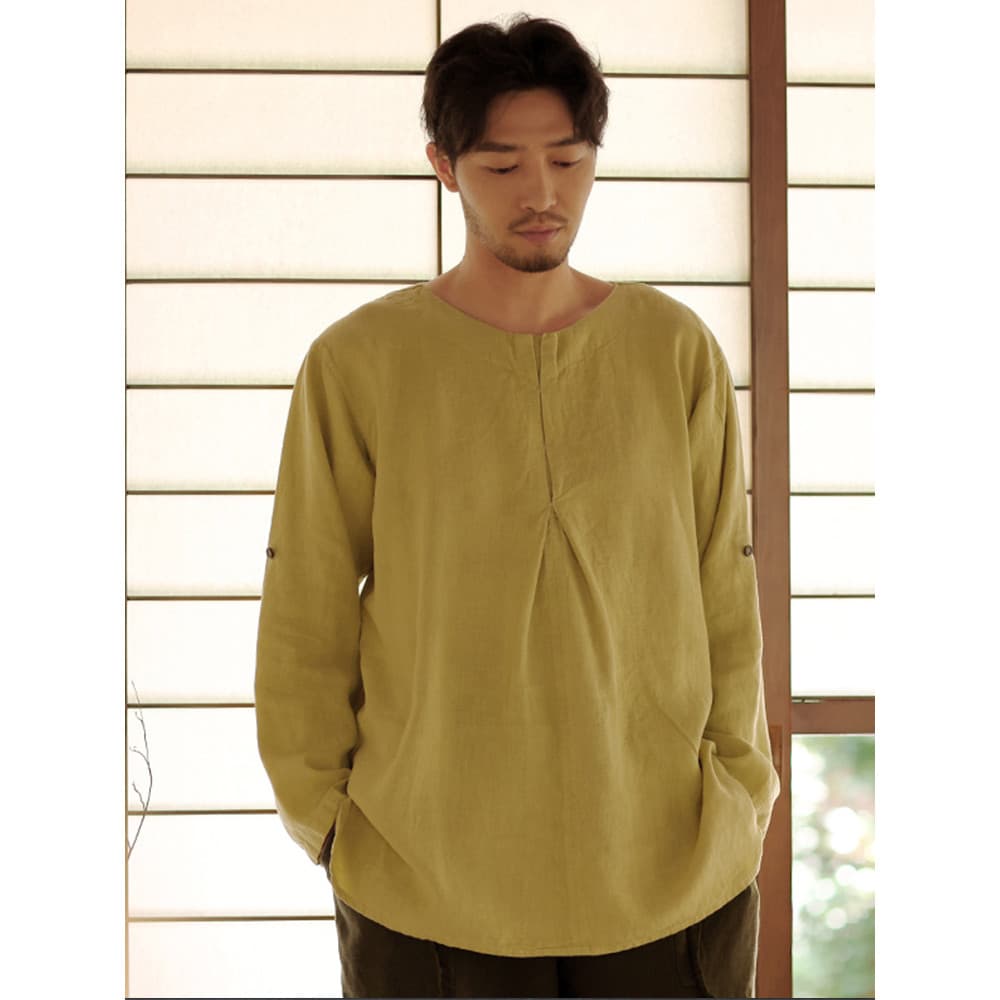Nan estilo chinês Ramie camiseta masculina de manga comprida primavera camiseta de manga comprida em torno do pescoço Pl