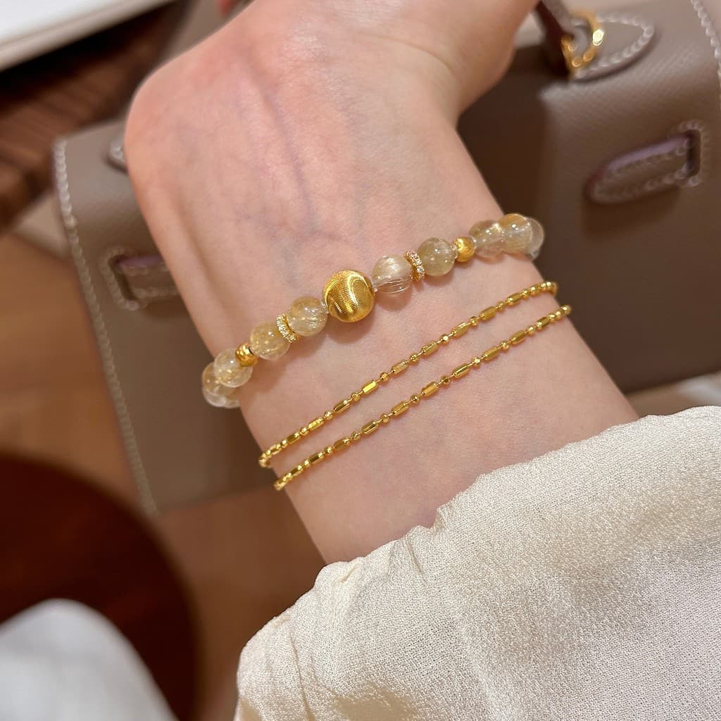 Pulseira de Cristal Amarelo Natural "Jin Yan" com Quartzo Rutilado Dourado para Mulheres - Atrai Riqueza e Sorte - Pulse
