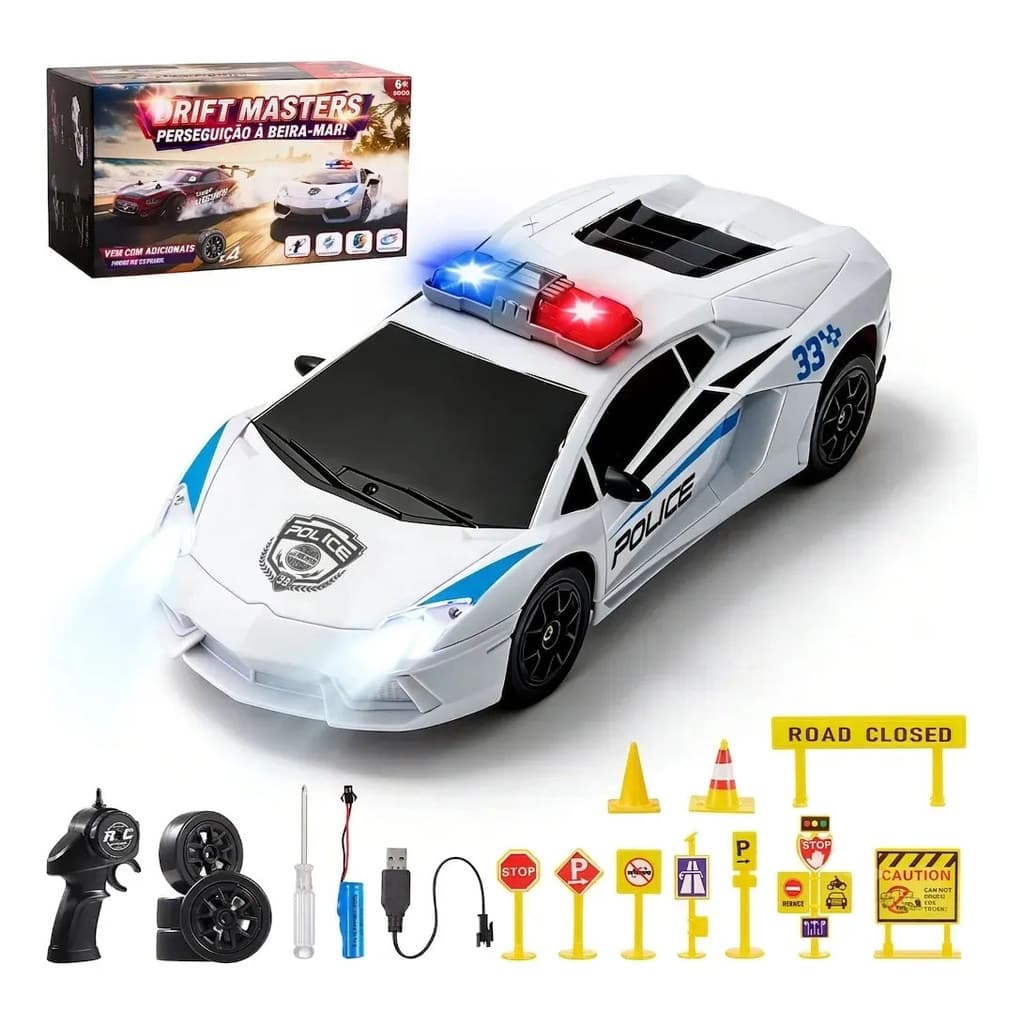 JogoJunto Carro RC Drift 4x4 1:24 20km/h LED Recarregável 2 Baterias 500mAh Controle Remoto Brinquedo