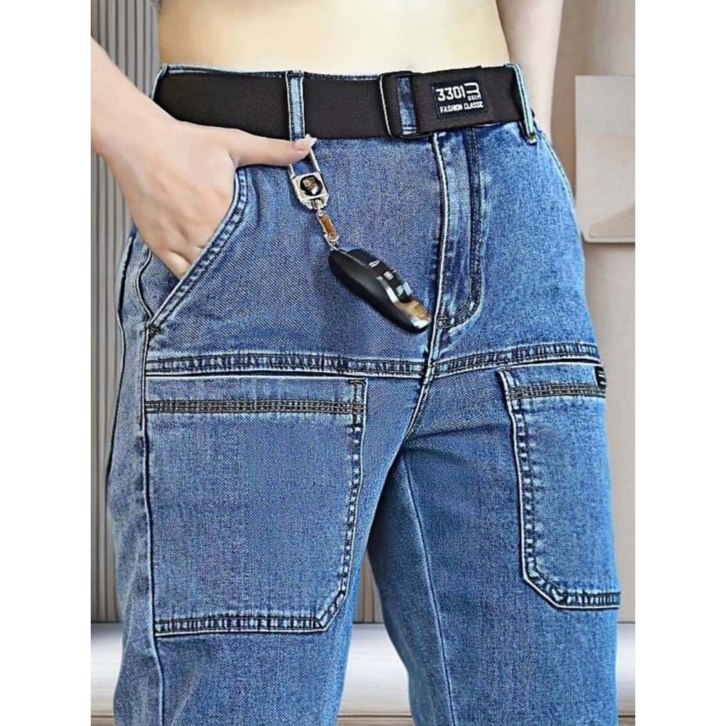 LAIYUEHUI/LAIYUEHUI Primavera Outono All-Match Jeans de Seis Bolsos Calça Masculina de Perna Reta Stretch