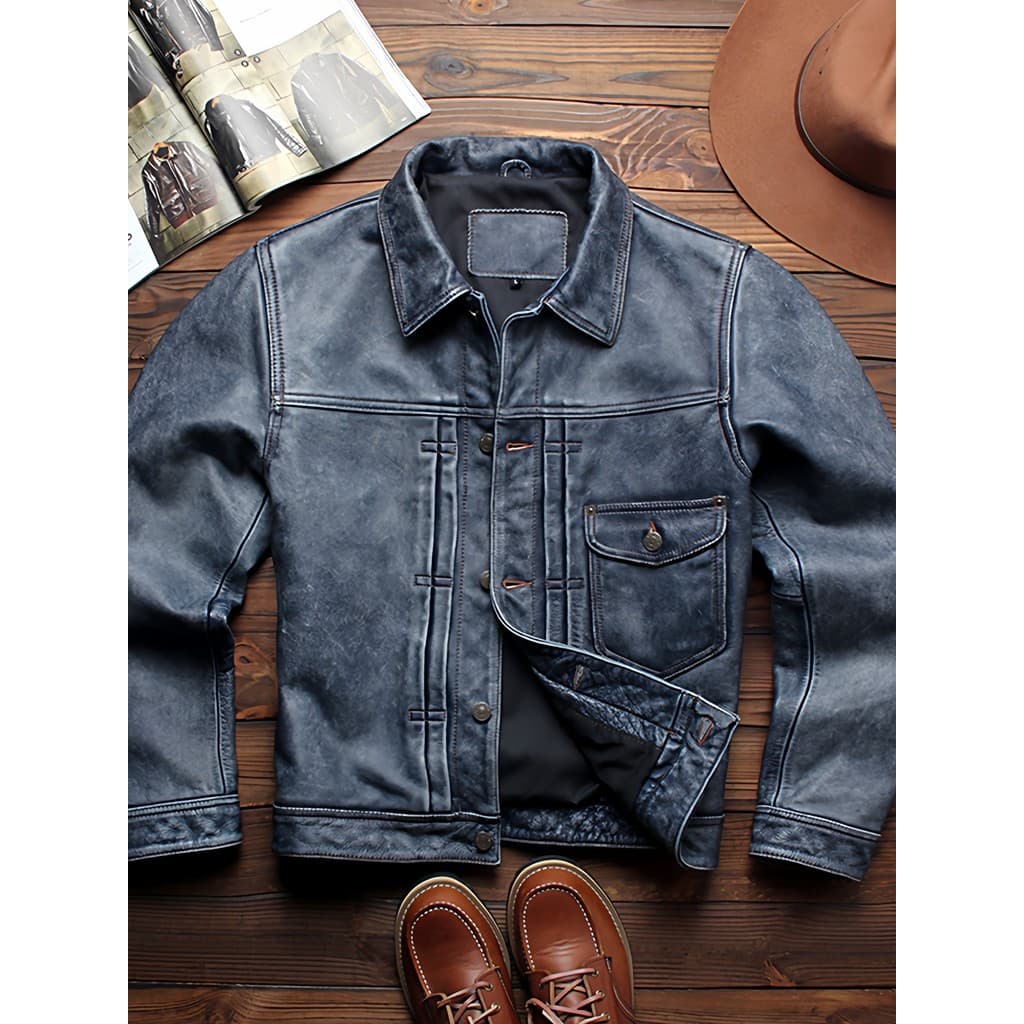 Novo produto jaqueta de couro genuíno masculino importado Retro angustiado Casual lapela estilo Denim motocicleta jaquet