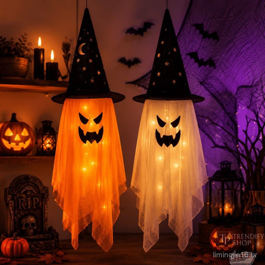 Enfeite Fantasma Suspenso com LED para Festa Halloween e Casa Assombrada