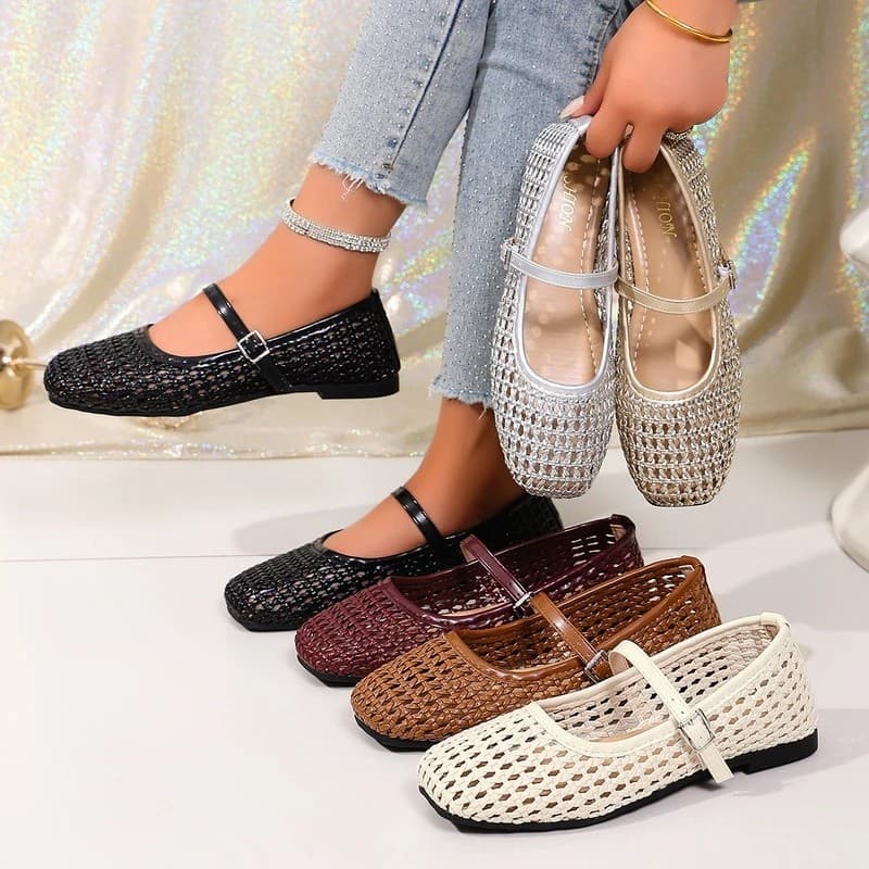 Sapatilhas Femininas Trançadas Estilo Mary Jane, Respiráveis, com Design Vazado, de Couro, com Fivela, Bico Quadrado, Es