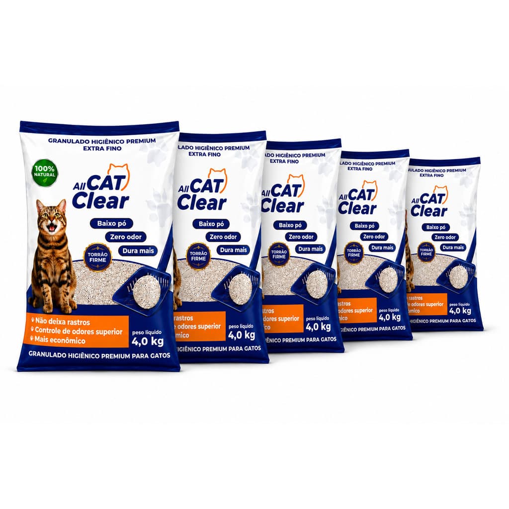 Kit 5 Areia Sanitária Gatos All Cats Clear 4kg Extra Fina Baixo Pó